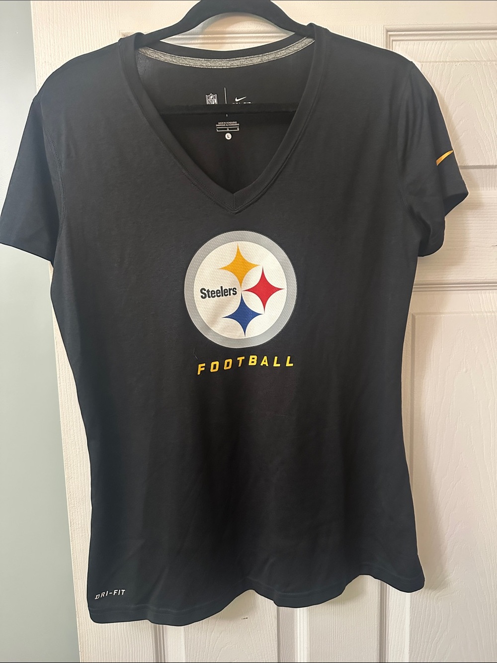Nike Black Pittsburgh Steelers V-Neck Tee with Yellow, Red & Blue Accents